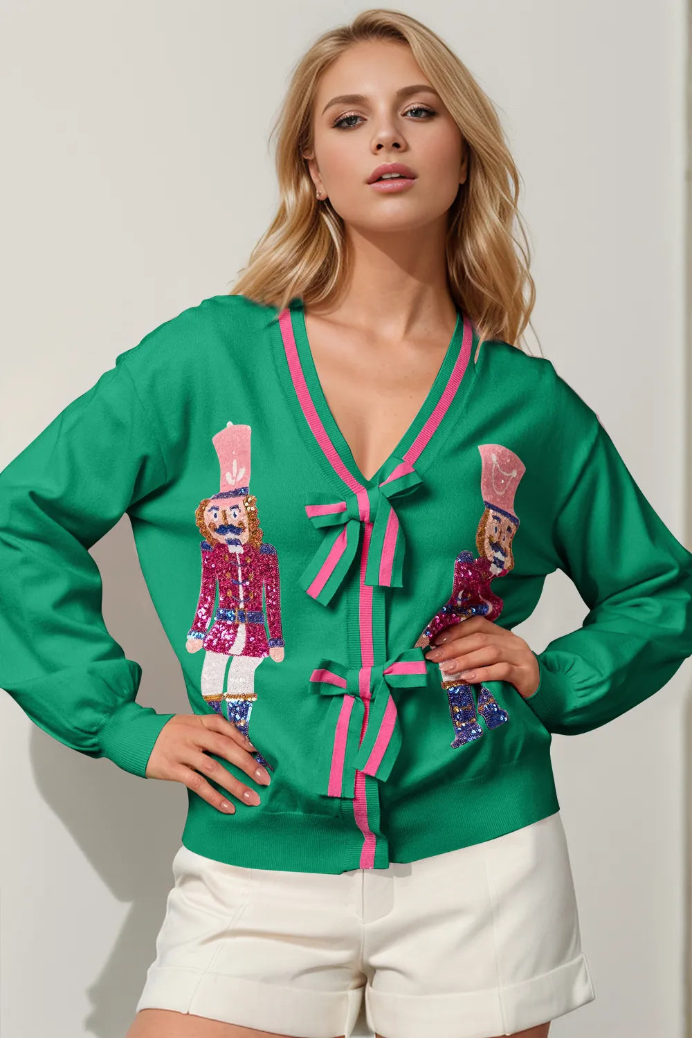 Image of Double Take Full Size Nutcracker Sequin Bow Decor Cardigan | Queeble.shop