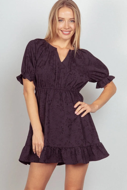 Image of VERY J Floral Textured Woven Ruffled Mini Dress | Queeble.shop
