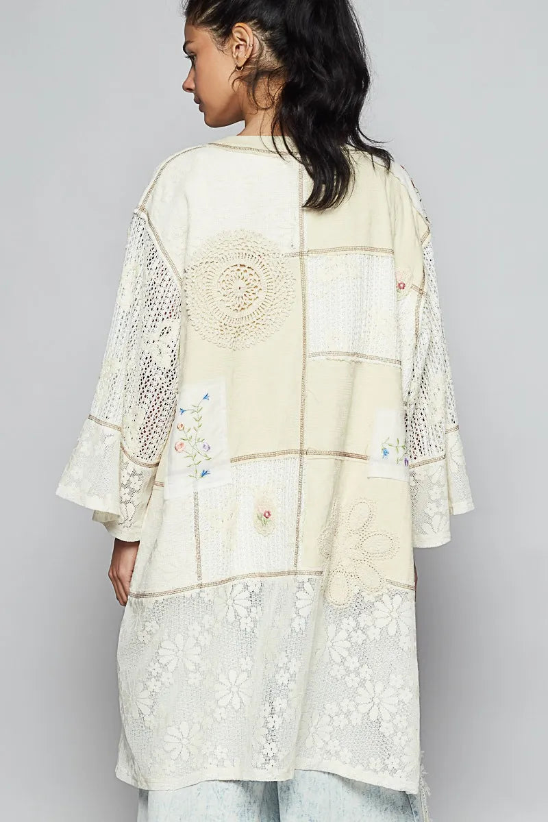 Image of POL Double Gauze and Lace Mix Cardigan with Embroidered Detail | Queeble.shop