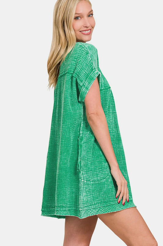 Image of Zenana Washed Notched Short Sleeve Mini Dress | Queeble.shop