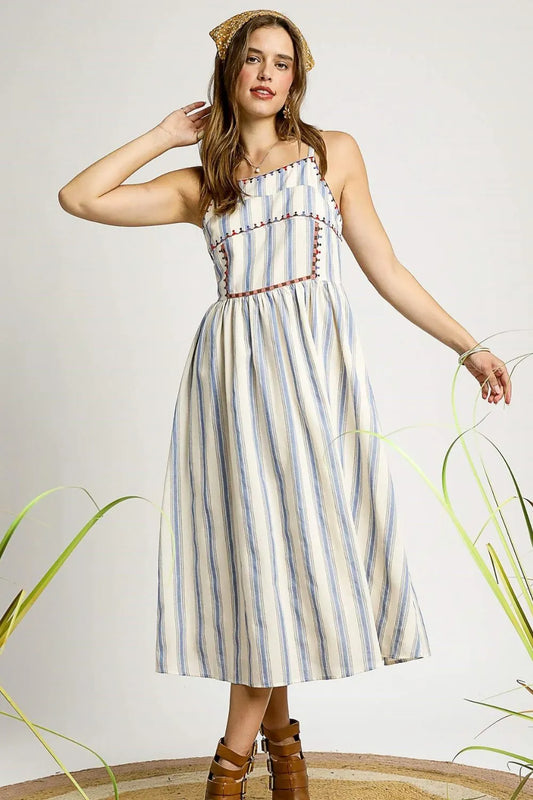 Image of Umgee Striped Colorful Embroidered Trim Cami Dress | Queeble.shop