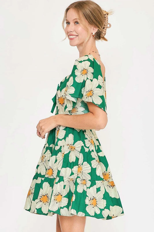 Image of Umgee Full Size Daisy Print Mini Dress with Ribbon Details Plus Size | Queeble.shop