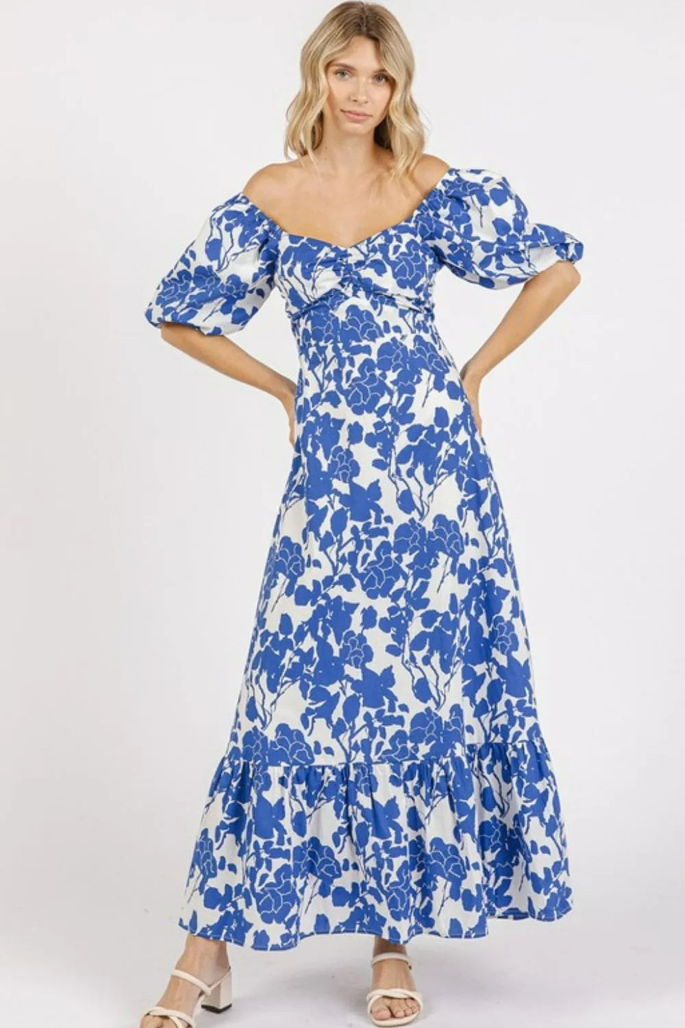 Image of Mittoshop Cutout Back Floral Sweetheart Neck Puff Sleeve Dress | Queeble.shop