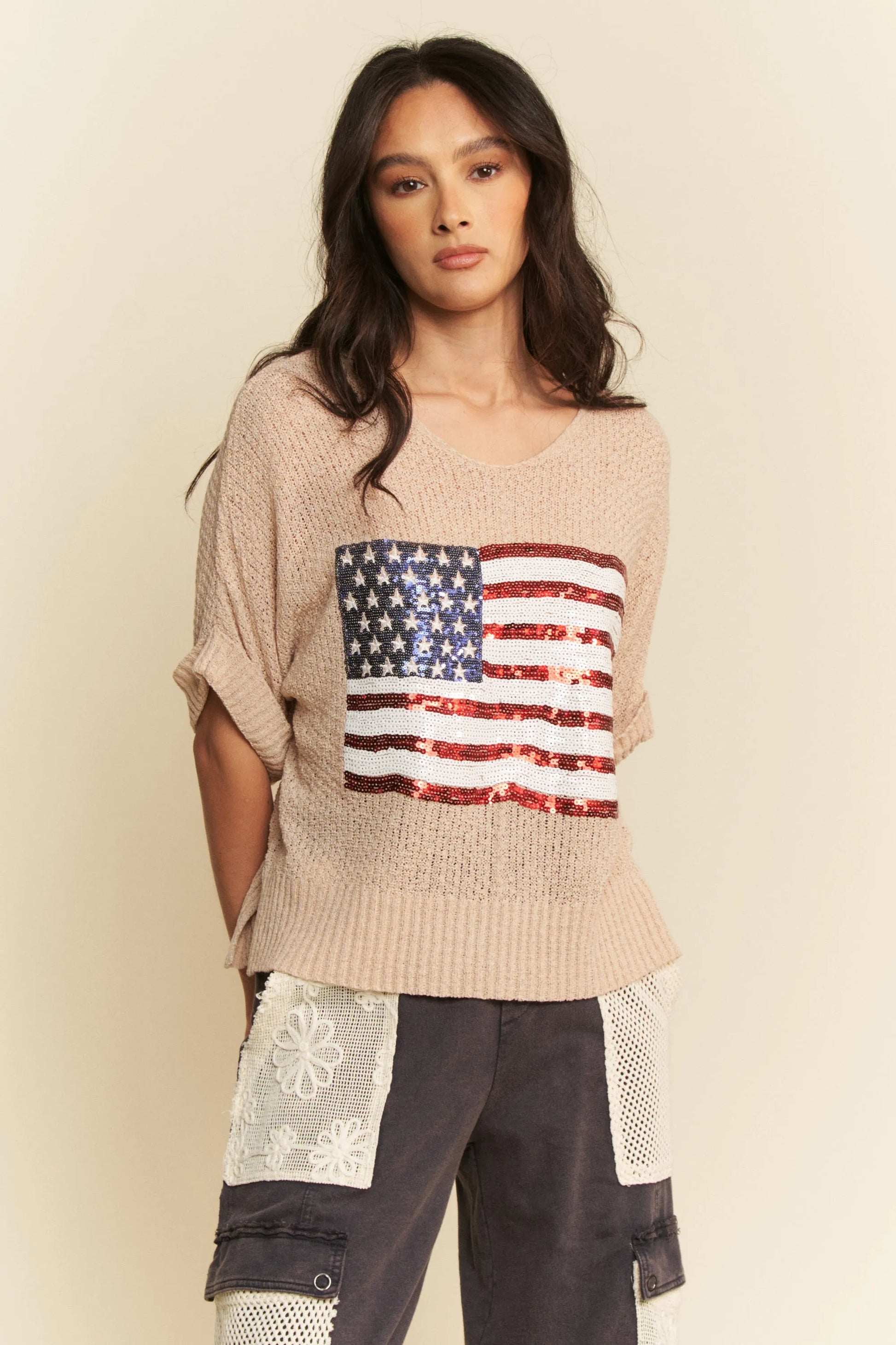 Image of Davi & Dani Sequin American Flag Patch Short Sleeve Knit Top | Queeble.shop