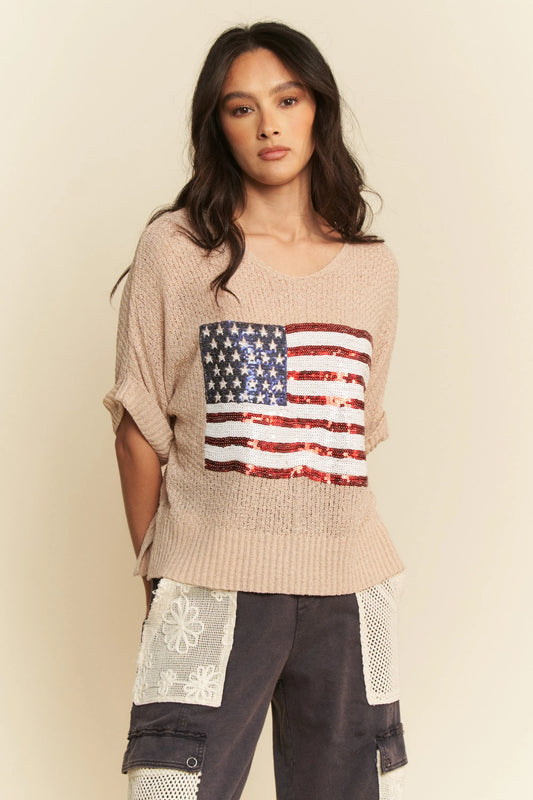 Image of Davi & Dani Sequin American Flag Patch Short Sleeve Knit Top | Queeble.shop