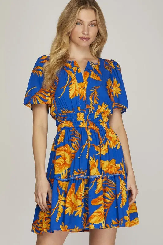 Image of She + Sky Full Size Printed Notched Short Sleeve Frill Tiered Dress Plus Size | Queeble.shop