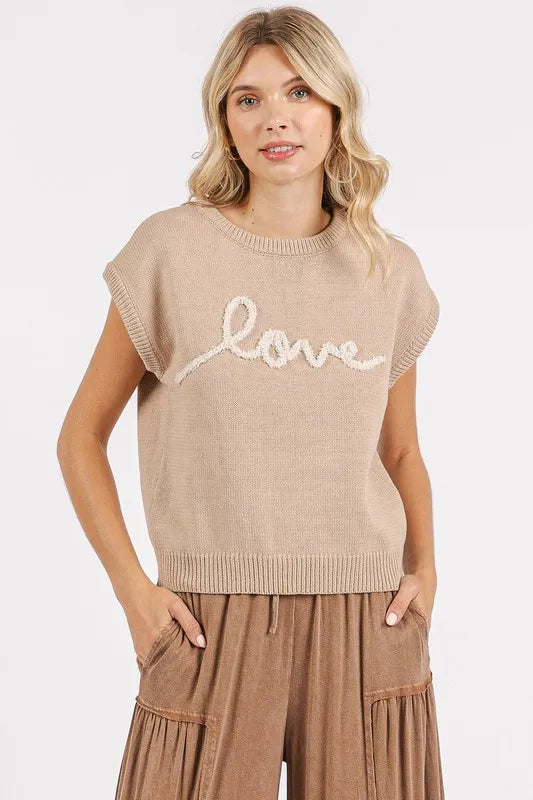 Image of Mittoshop Contrast Letter Round Neck Cap Sleeve Knit Top | Queeble.shop