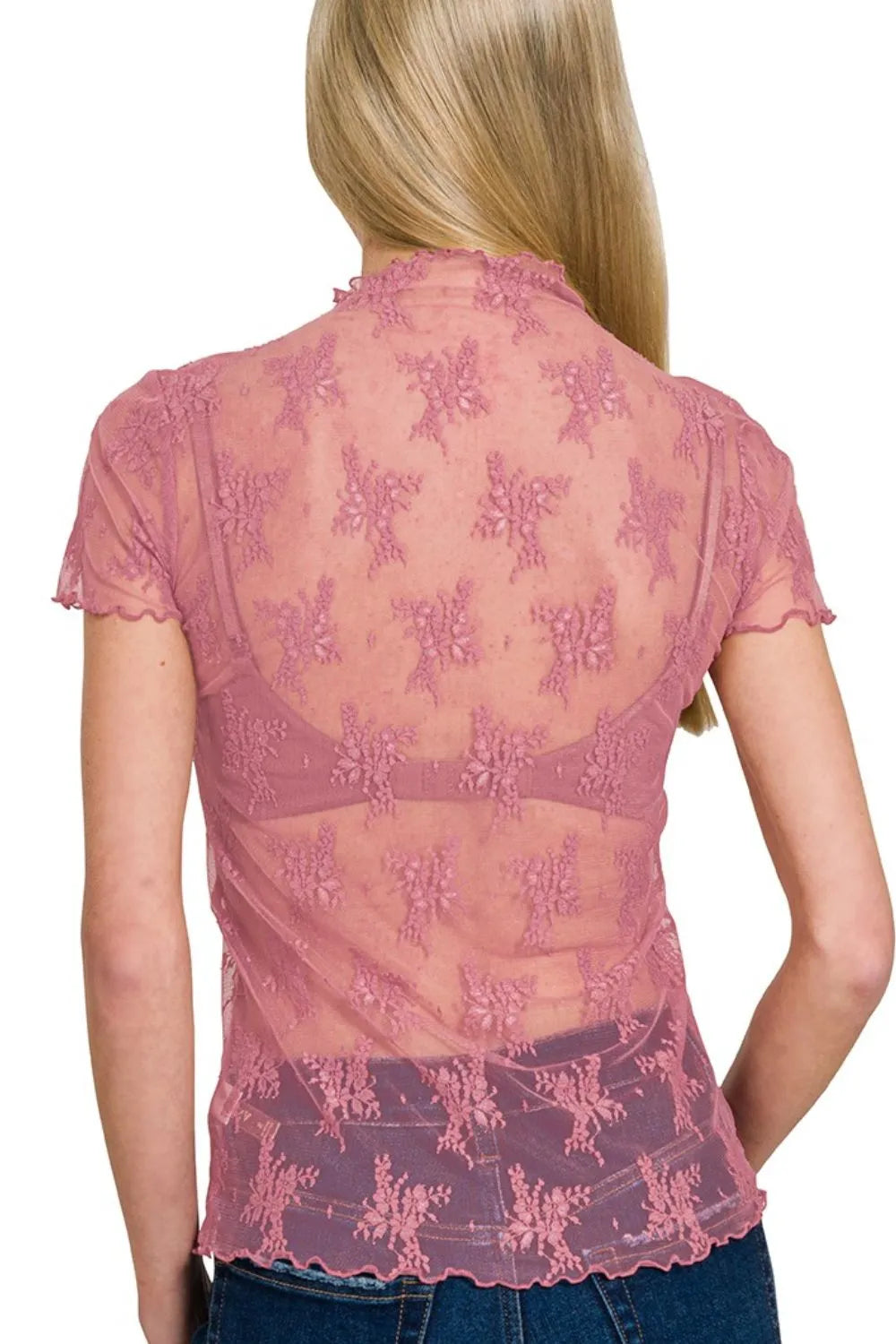 Image of Zenana Lace See-through Layering Short Sleeve Top | Queeble.shop