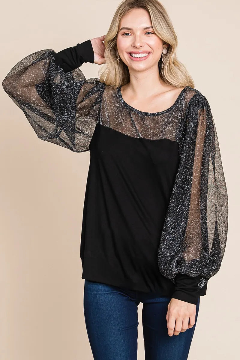 Image of Super Lady Full Size Metallic Mesh Lantern Sleeve Blouse | Queeble.shop