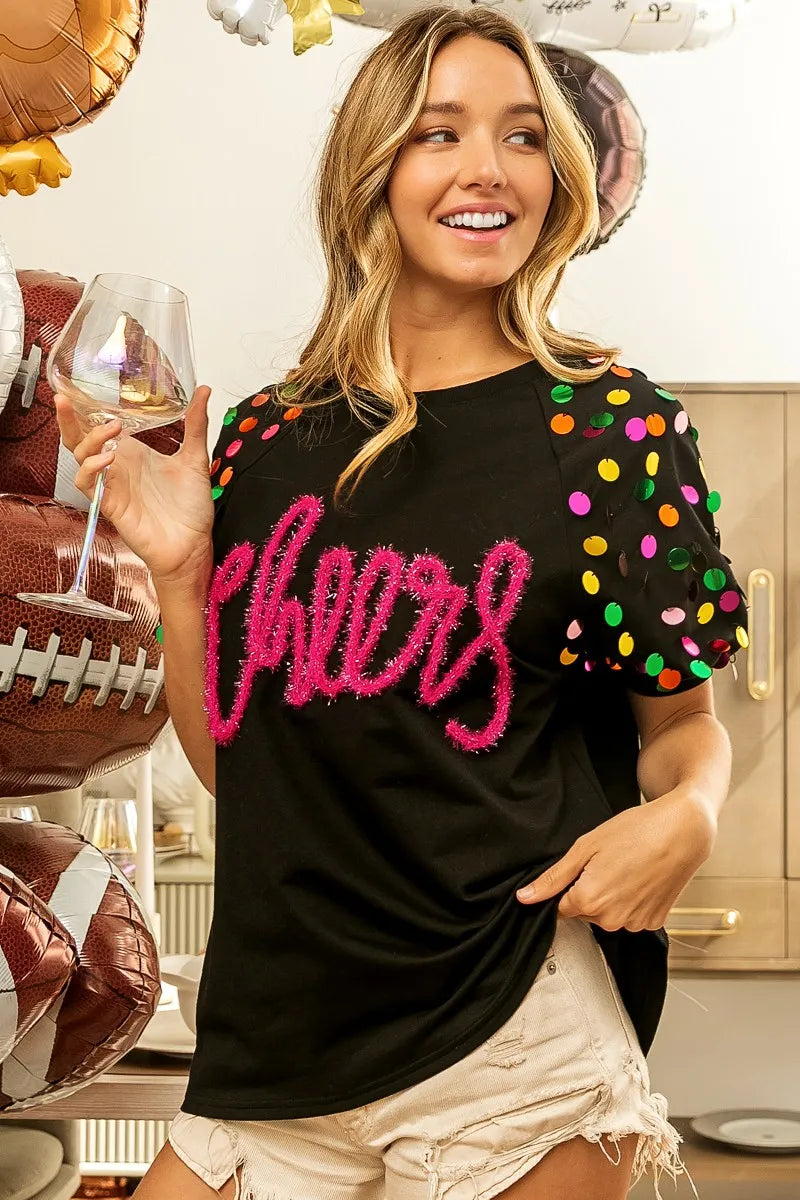 Image of BiBi Metallic Letter Spangle Raglan Puff Sleeve Top | Queeble.shop