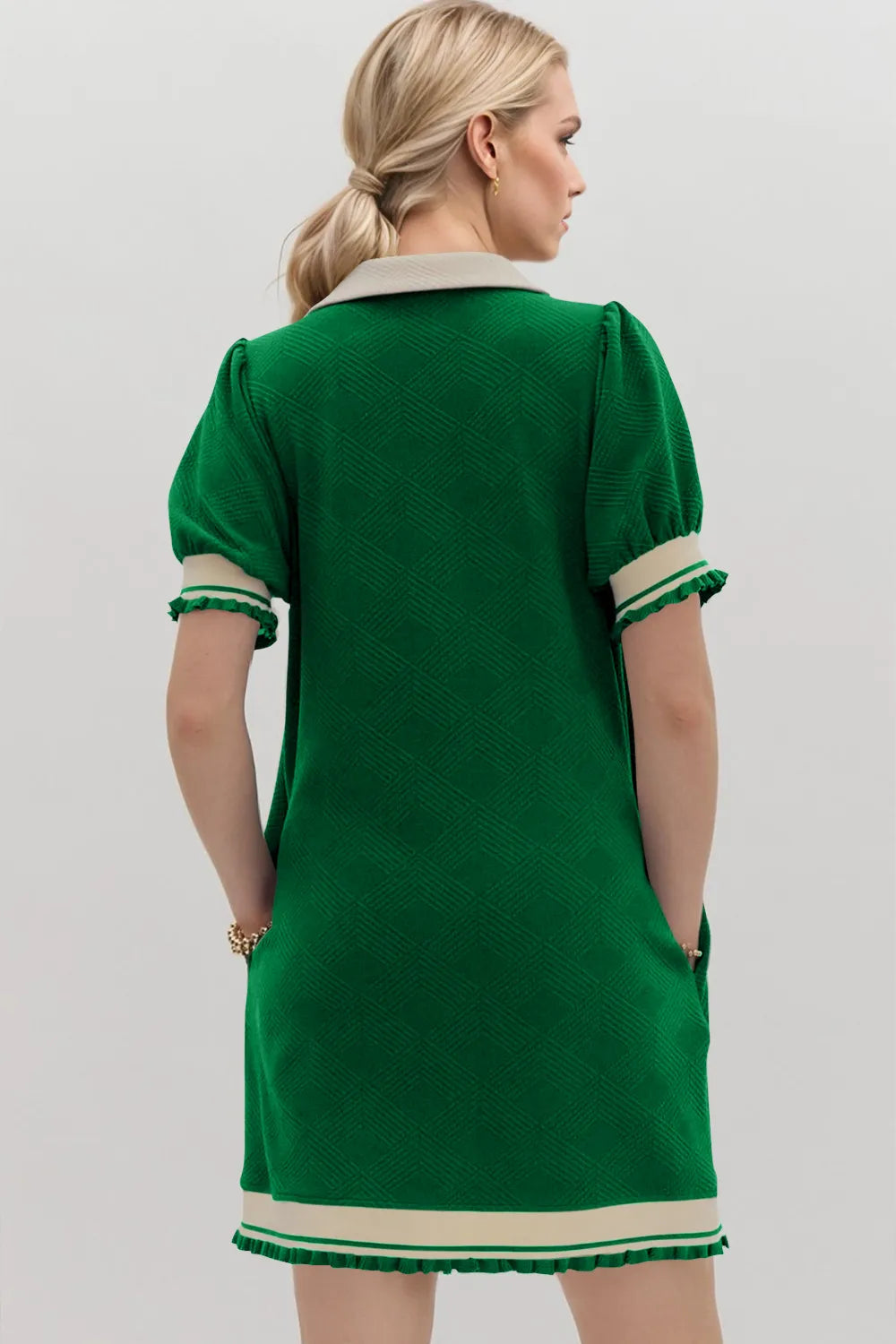 Image of Oh Frill Contrast Trim Johnny Collar Short Sleeve Mini Dress | Queeble.shop