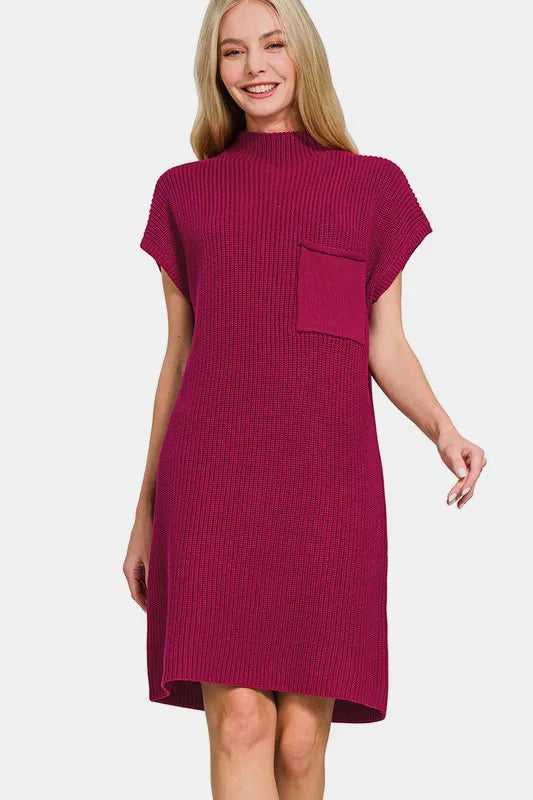 Image of Zenana Mock Neck Short Sleeve Sweater Dress | Queeble.shop