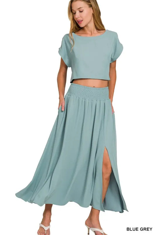 Image of Zenana Heavy Woven Span Crop Tee & Skirt Set | Queeble.shop