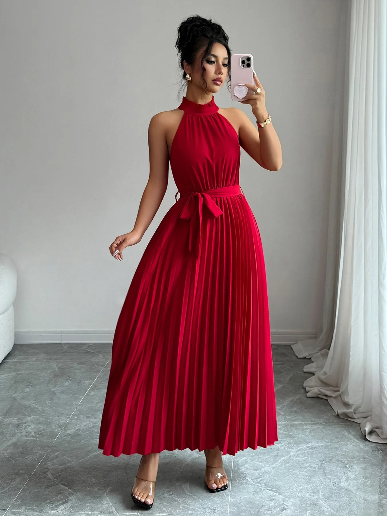 Image of Pleated Halter Neck Tie Waist Maxi Dress | Queeble.shop