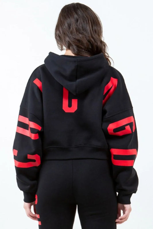 Image of American Bazi Letter Graphic Long Sleeve Drawstring Cropped Hoodie | Queeble.shop
