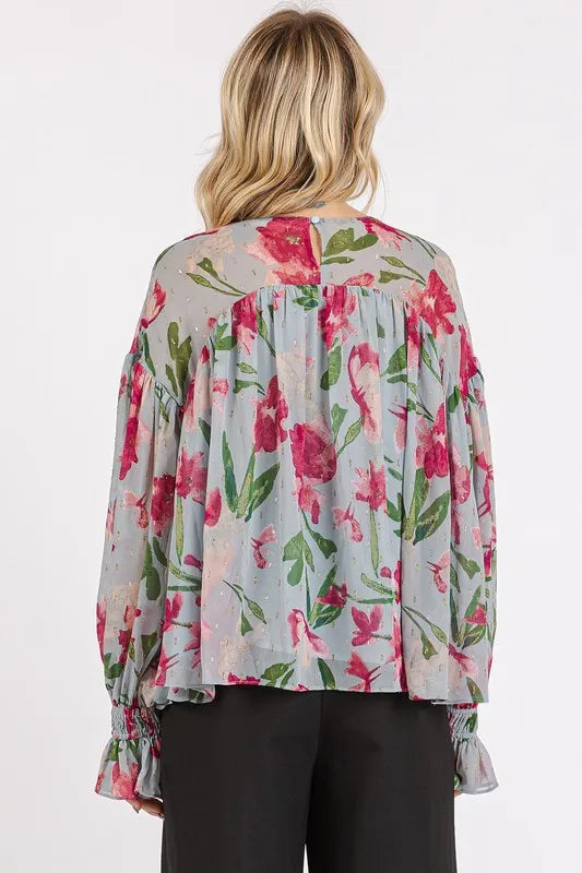 Image of Mittoshop Floral Round Neck Flounce Sleeve Blouse | Queeble.shop