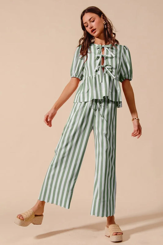 Image of SO ME Front Tie Stripe Puff Sleeves Top and Wide Leg Pants Set | Queeble.shop