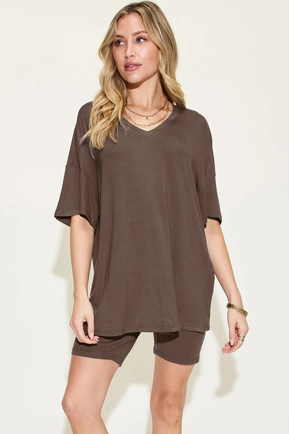 Image of Basic Bae Full Size V-Neck Drop Shoulder T-Shirt and Shorts Set | Queeble.shop