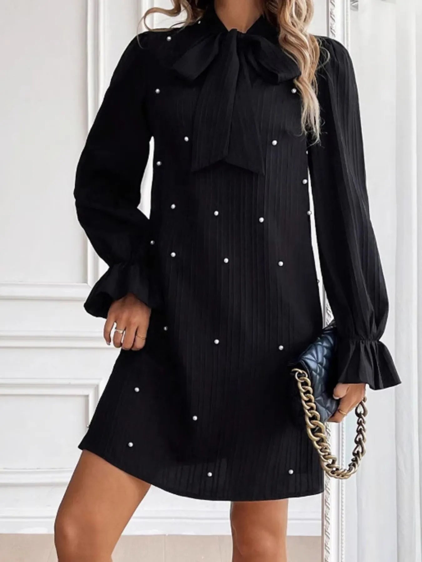 Image of Pearl Embellished Bow Tie Flounce Sleeve Dress | Queeble.shop