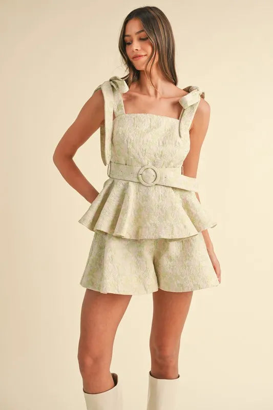 Image of MABLE Jacquard Floral Peplum Top and Flare Shorts Set | Queeble.shop