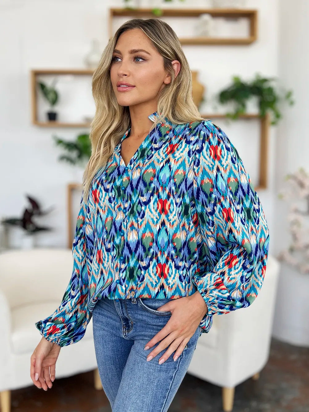 Image of Double Take Full Size Printed Balloon Sleeve Blouse | Queeble.shop