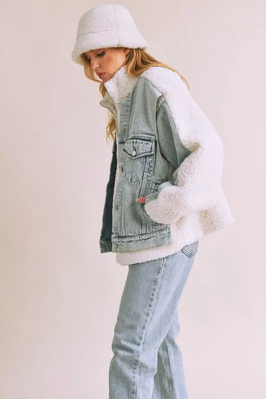 Image of Aemi + Co Denim Washed Drop Shoulder Sherpa Fake Two Pieces Jacket | Queeble.shop