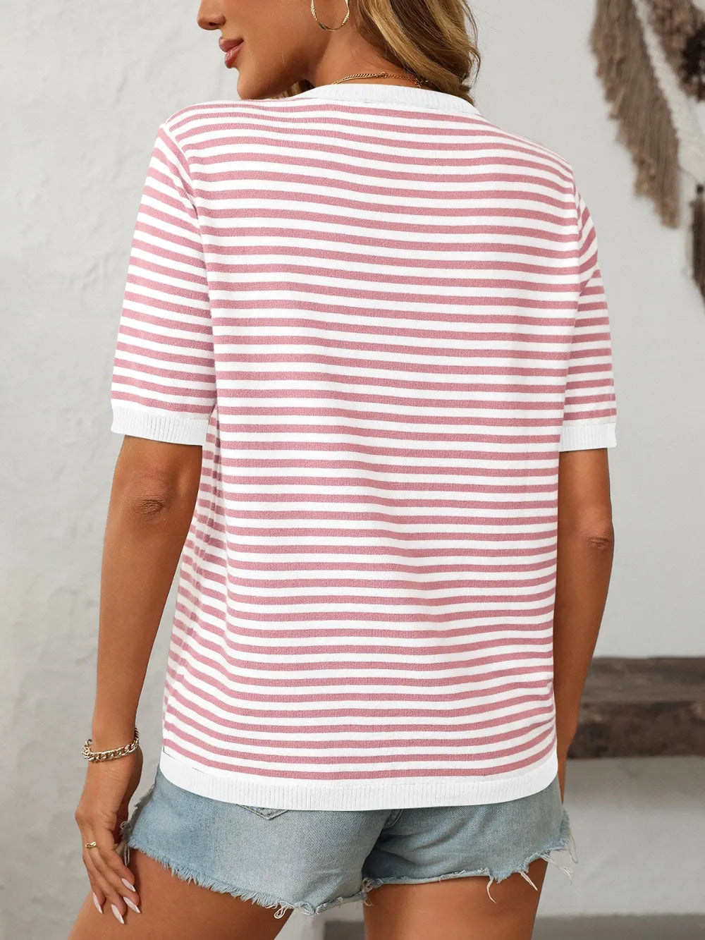 Image of Mandy Striped Round Neck Half Sleeve Knit Top | Queeble.shop