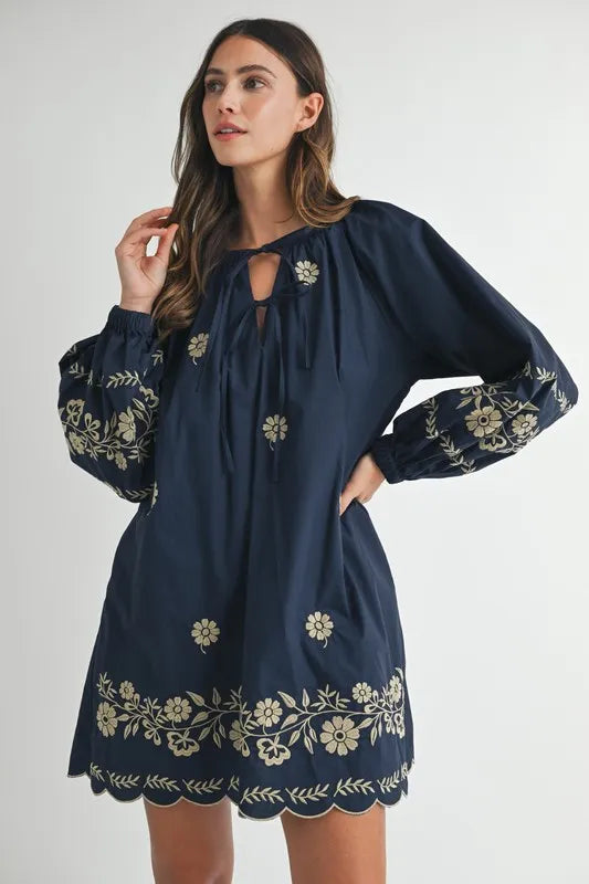 Image of MABLE Embroidered Long Sleeve Peasant Mini Dress | Queeble.shop