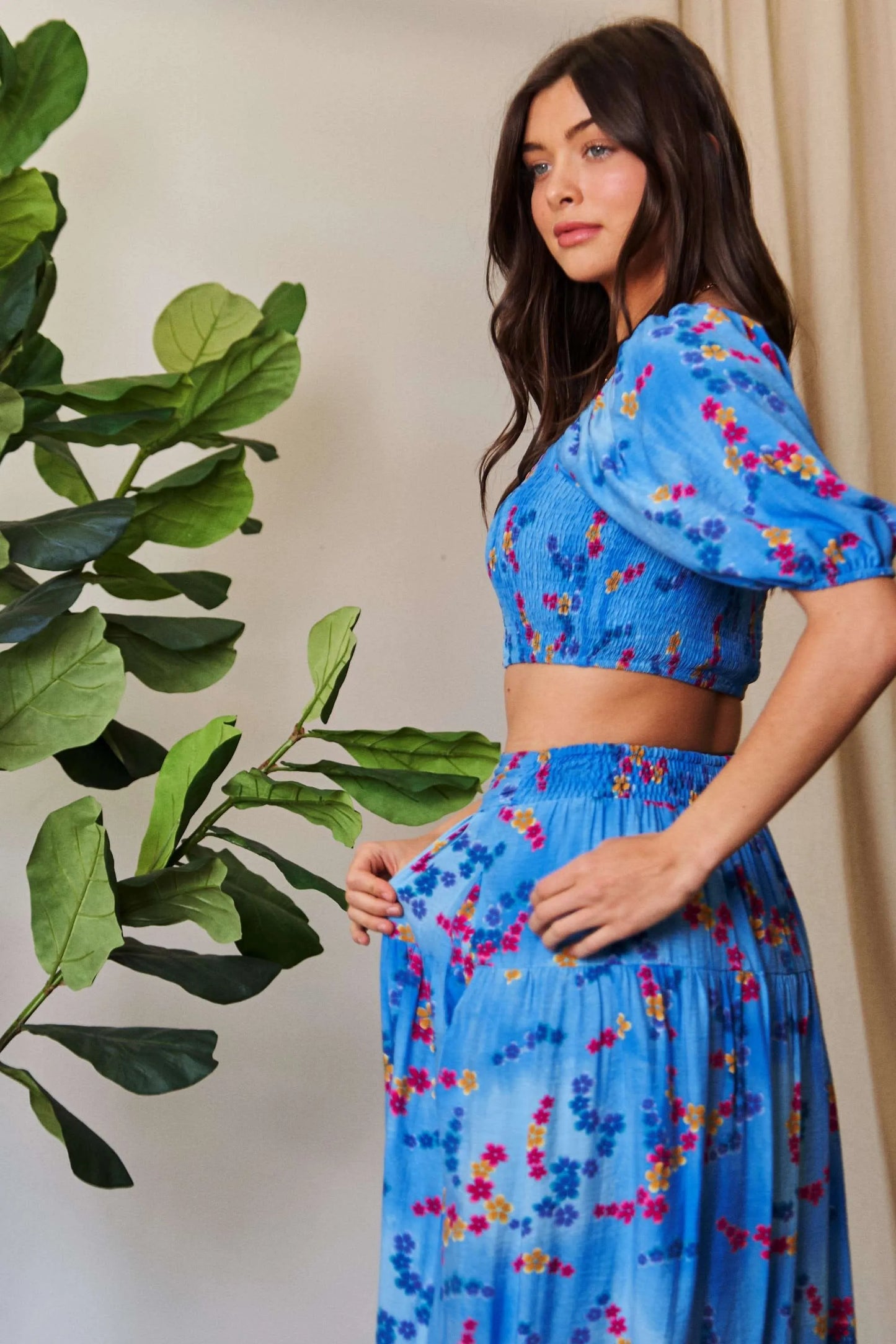 Image of Davi & Dani Smocing Bodice Puff Short Sleeve Printed Crop Top | Queeble.shop