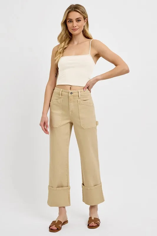 Image of RISEN Full Size High Rise Wide Straight Cuffed Patch Jeans Plus Size | Queeble.shop