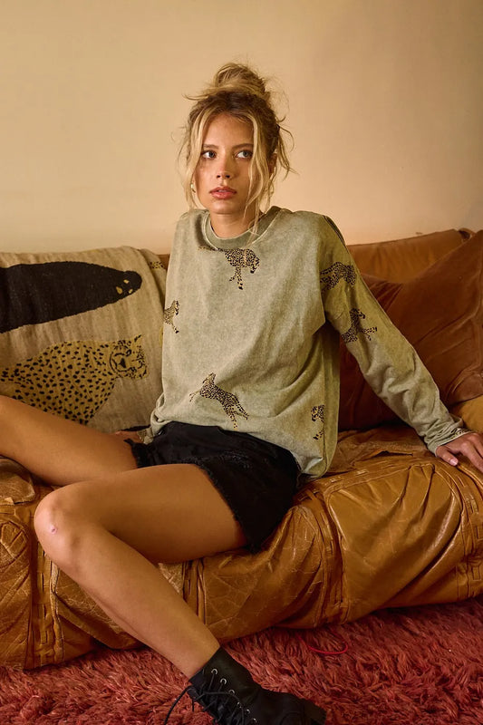 Image of Mittoshop Mineral Wash Cheetah Print Long Sleeve Top | Queeble.shop