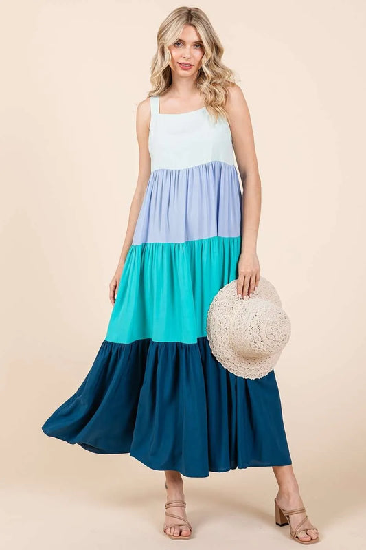 Image of Mittoshop Color Block Tiered Pull-On Maxi Dress | Queeble.shop
