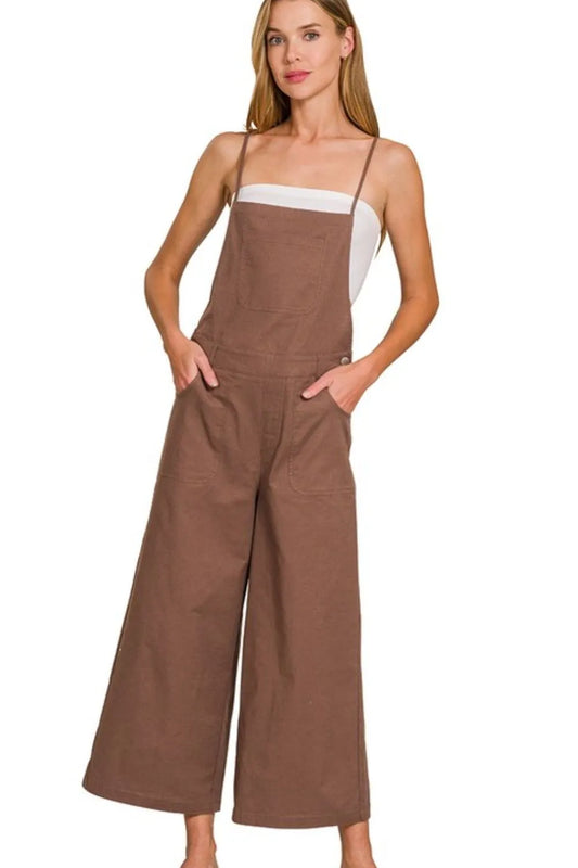 Image of Zenana Woven Spaghetti Strap Overalls | Queeble.shop