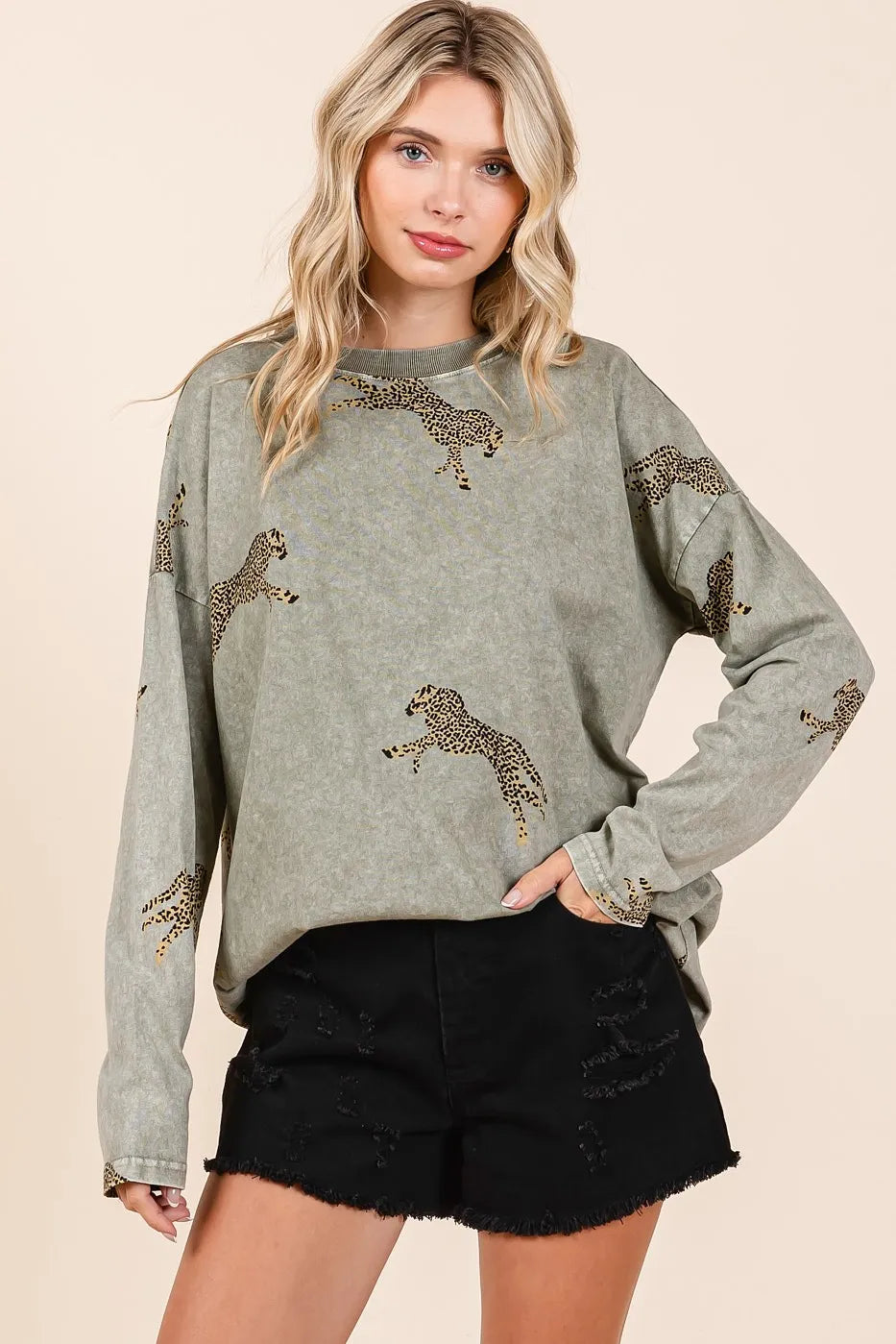 Image of Mittoshop Mineral Wash Cheetah Print Long Sleeve Top | Queeble.shop