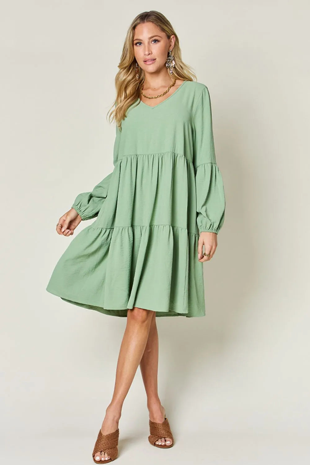 Image of Double Take Full Size V-Neck Balloon Sleeve Tiered Dress with Pockets | Queeble.shop