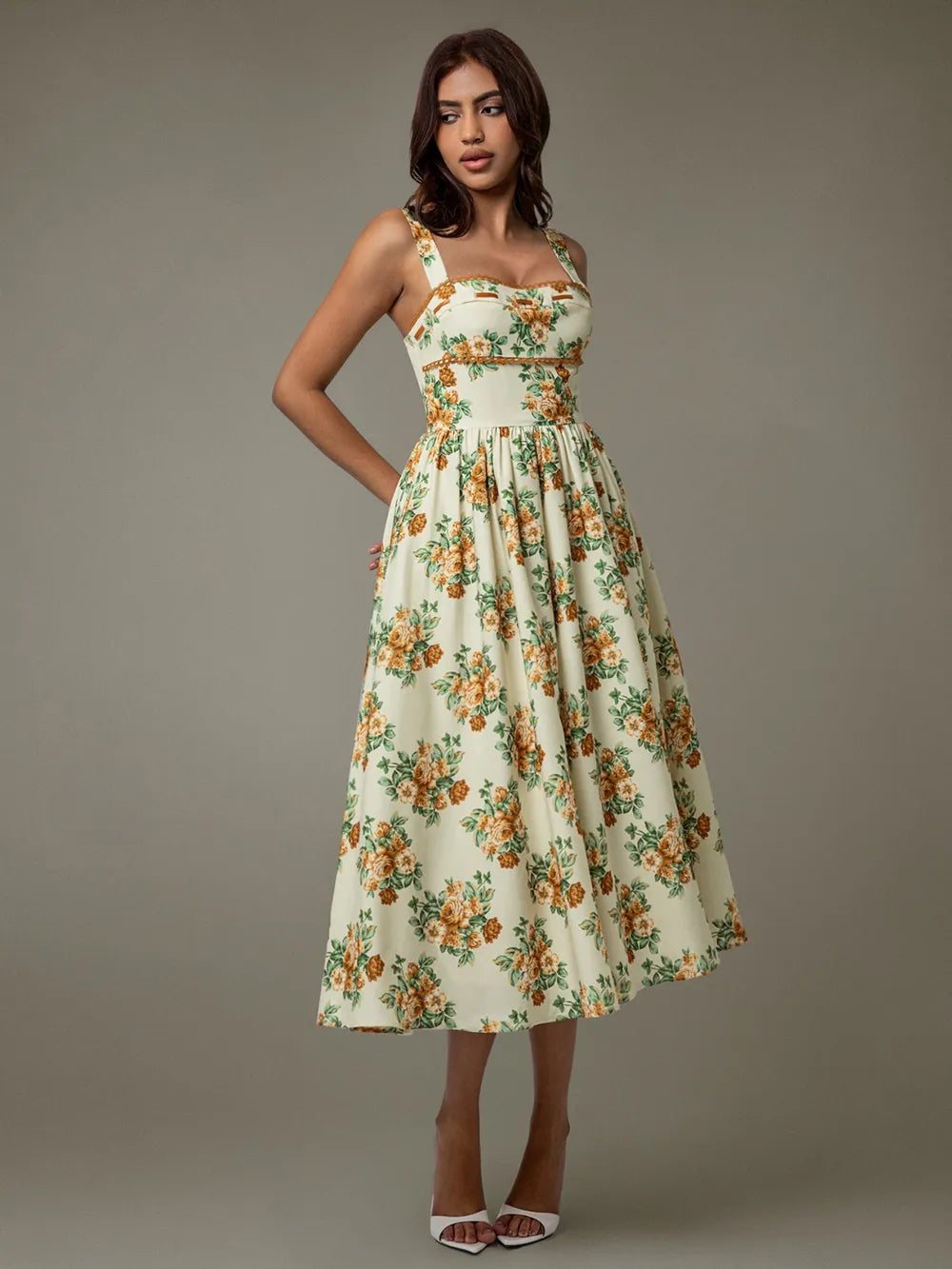 Image of Lace Trim Floral Sleeveless Midi Dress | Queeble.shop