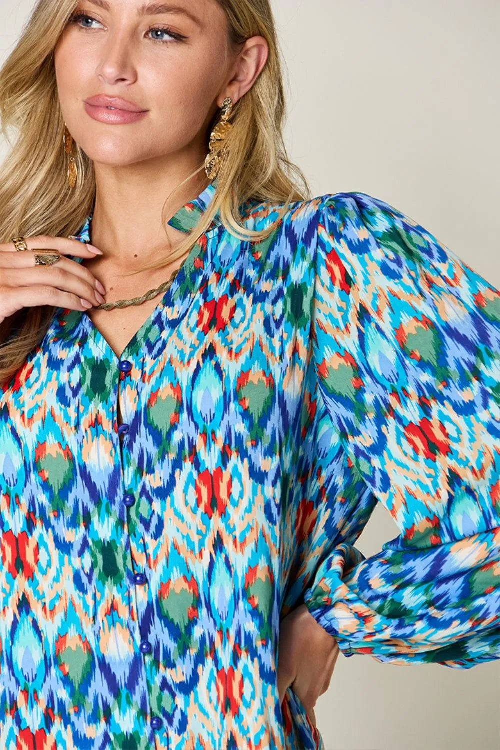 Image of Double Take Full Size Printed Balloon Sleeve Blouse | Queeble.shop
