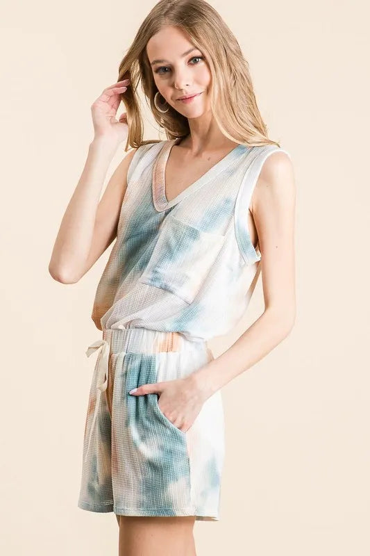 Image of BiBi Tie Dye Textured Knit Top and Shorts Set | Queeble.shop