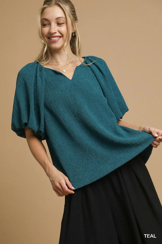 Image of Umgee Textured Flutter Sleeve Notch Neck Top | Queeble.shop