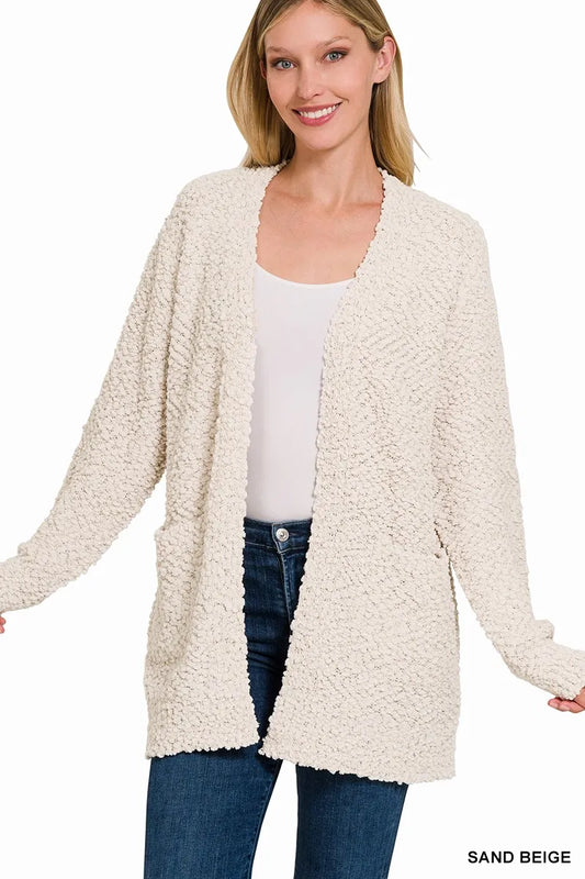 Image of Zenana Long Sleeve Popcorn Sweater Cardigan with Pockets | Queeble.shop