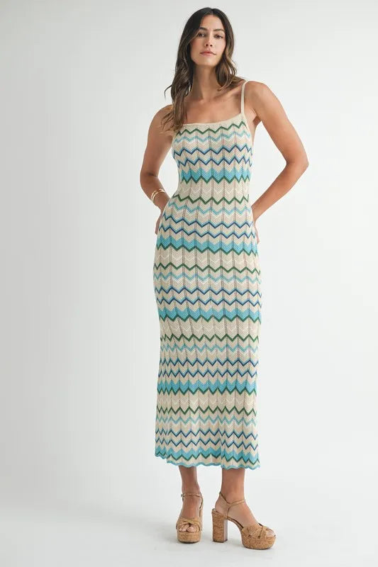 Image of MABLE Lightweight Pointelle Chevron Knit Maxi Dress | Queeble.shop