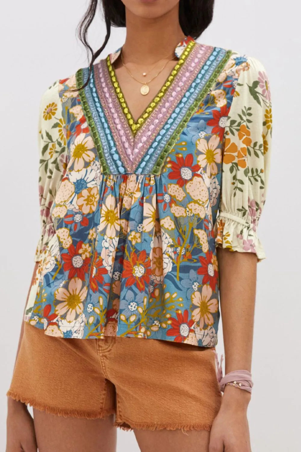 Image of Multicolour Crochet V Neck Half Sleeve Boho Floral Blouse | Queeble.shop