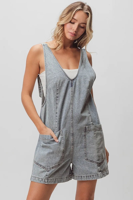 Image of BiBi Patch Vintage Washed Denim Shortall | Queeble.shop