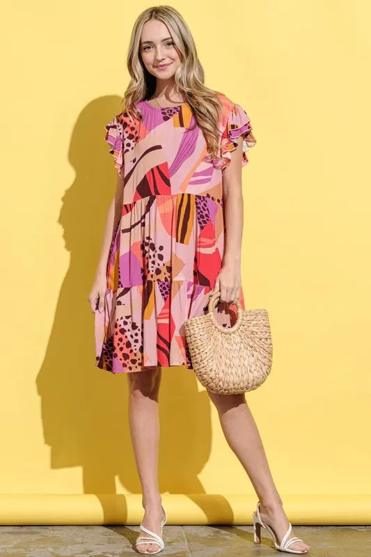 Image of And The Why Printed Double Ruffles Sleeve Dress | Queeble.shop