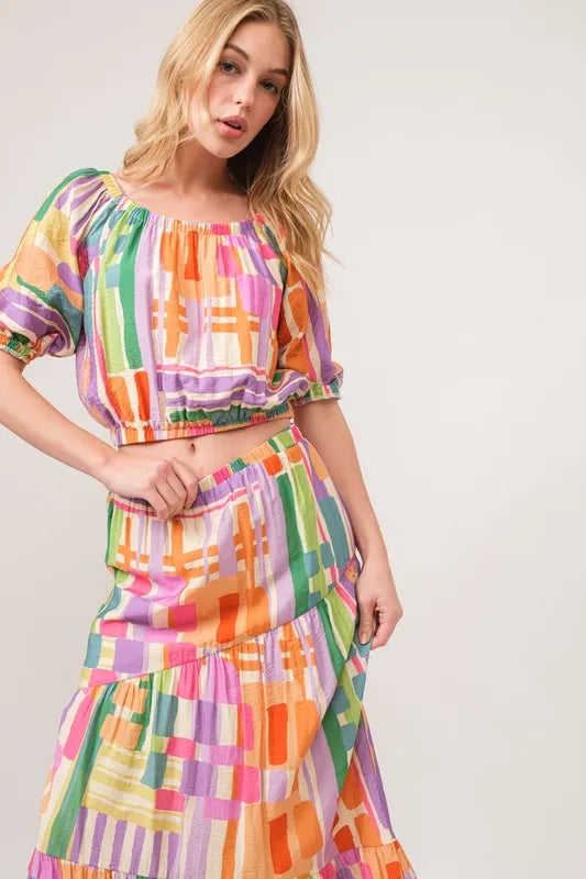 Image of And The Why Puff Sleeve Elastic Edges Geo Printed Crop Top | Queeble.shop