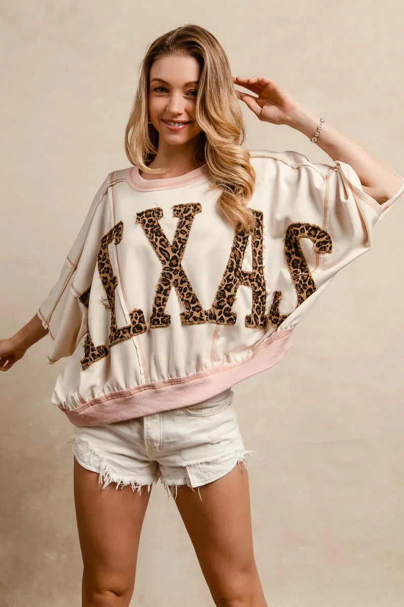 Image of BiBi Leopard Print Texas Patchwork Overlock Stitch Top | Queeble.shop