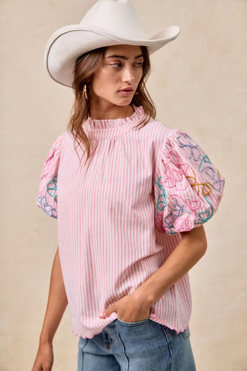Image of BiBi Embroidery Bubble Sleeve Top With Bottom Scallop Detail | Queeble.shop
