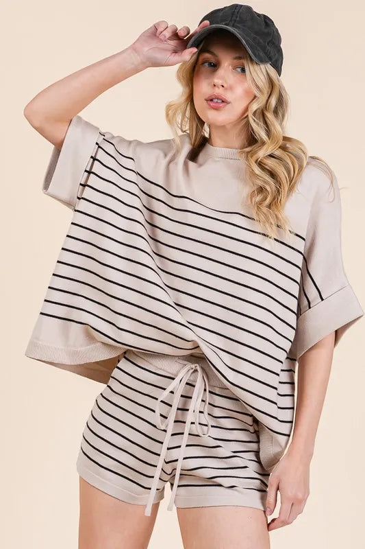 Image of Lime 'N' Chili Striped Folded Half Sleeve Top and Shorts Set | Queeble.shop