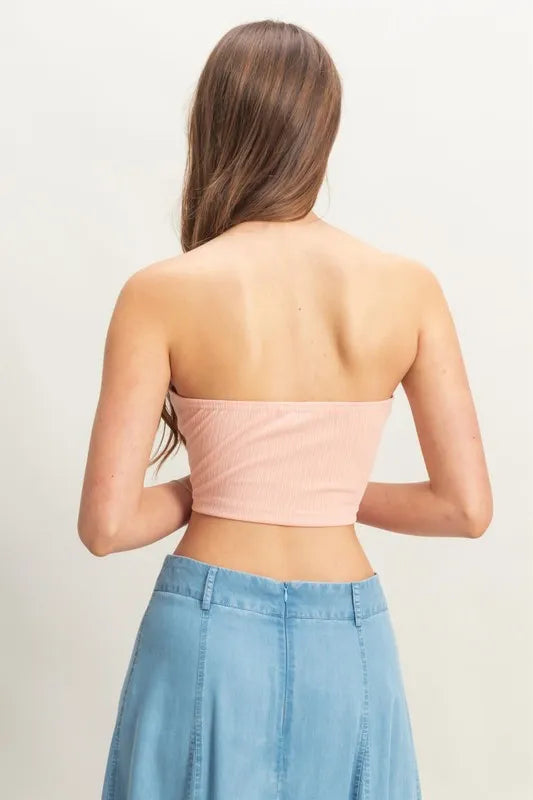 Image of HYFVE Buttoned Front Strapless Knit Bustier Top | Queeble.shop