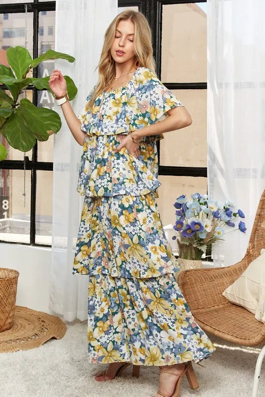Image of ADORA Layered Floral Off-Shoulder Short Sleeve Maxi Dress | Queeble.shop
